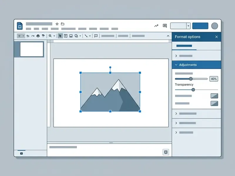 Google Slides interface showing the Format options sidebar with the transparency slider set to 40 percent