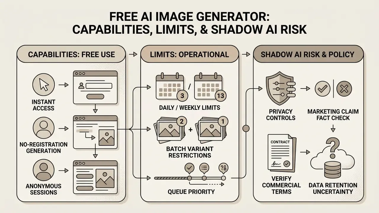 Diagram detailing free generative tool features, operational constraints, and associated security risks