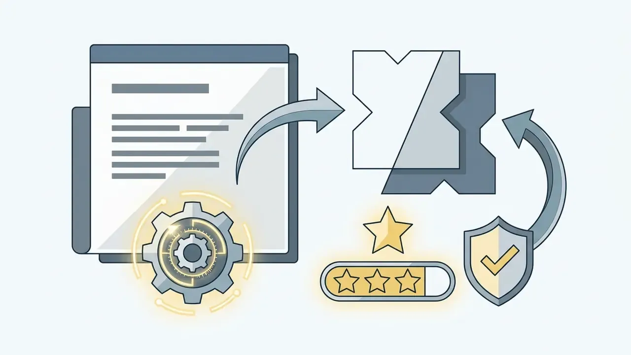 Document with a gear icon pointing to a cutout shape and a star rating next to a shield with a checkmark