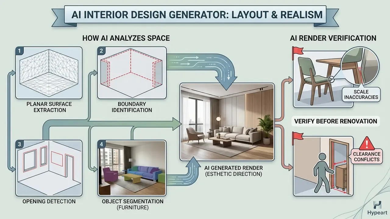 Flowchart detailing how software identifies room geometry and furniture to create and verify interior renders