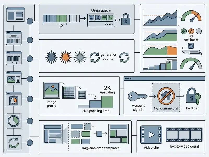 Technical diagram showing tiered service limits, usage queues, and account requirements for image tools