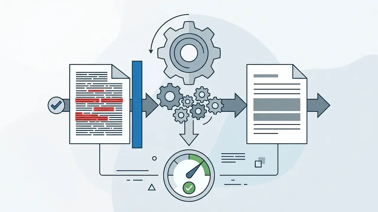 Text document with redacted sections passing through a gear system to a clean output with a status gauge