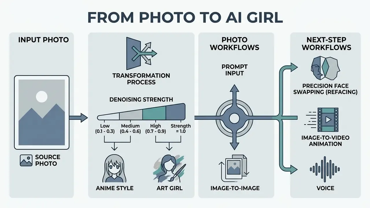 Step-by-step guide showing how source photos are transformed through denoising and advanced workflows
