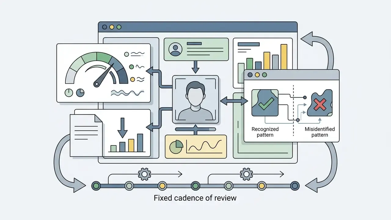 Dashboard showing persona metrics, pattern recognition status, and a recurring review timeline