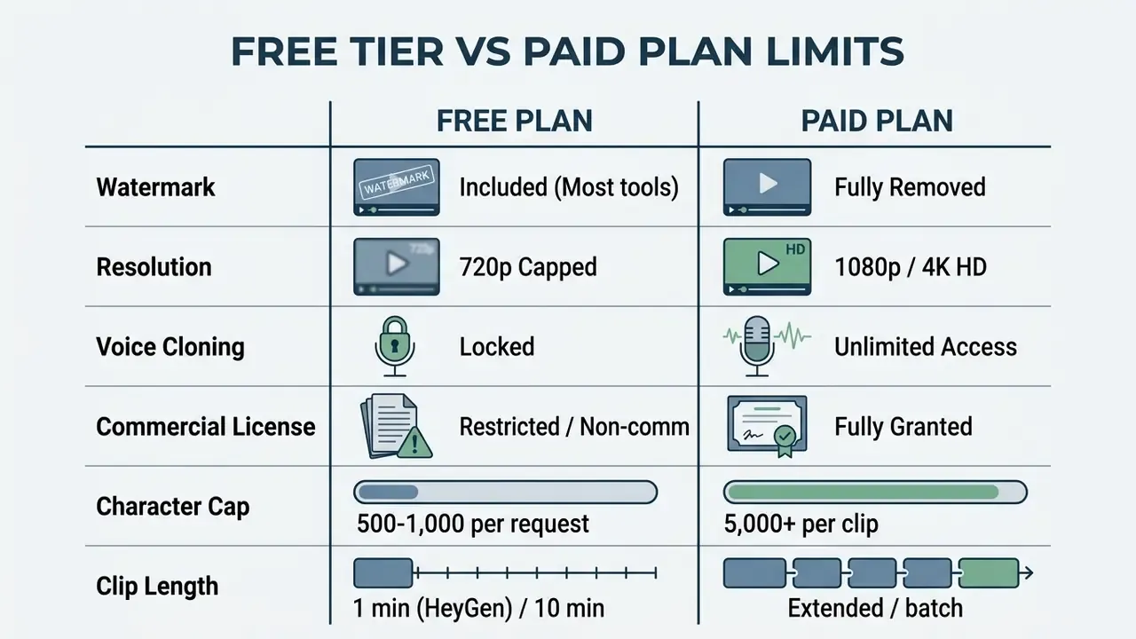 Comparison table contrasting features and limitations of free versus paid AI video tool plans