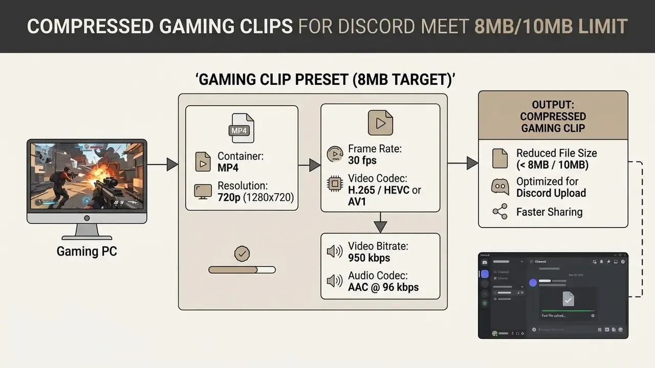 Process showing how a gaming clip is converted to a video compressor for Discord preset