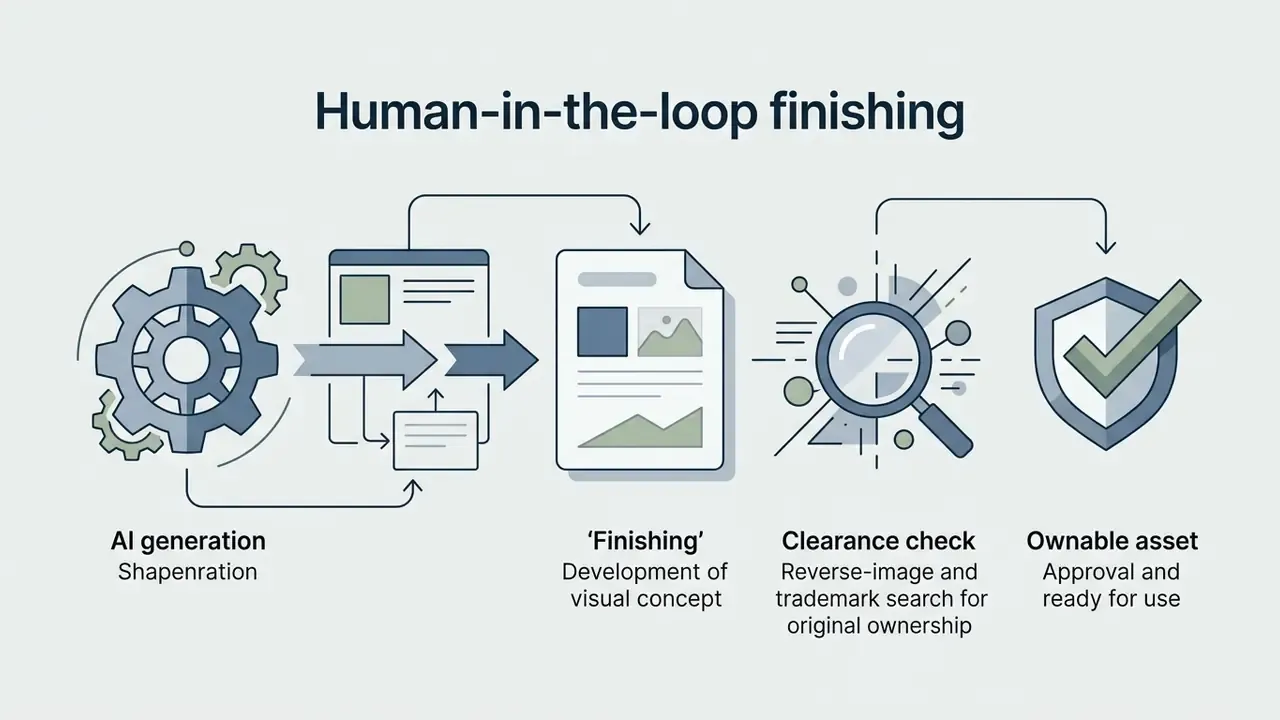 Sequence of gear, document, magnifying glass, and shield icons representing the logo design process