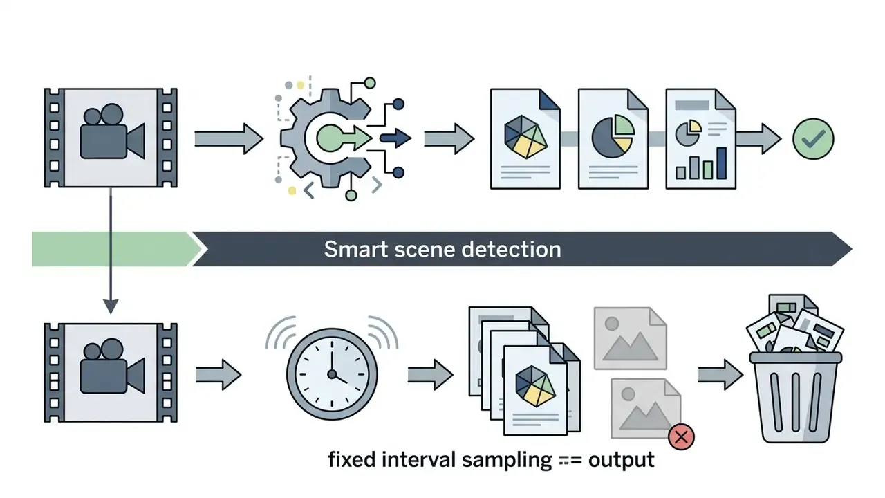 Two processing paths showing intelligent scene analysis versus repetitive timed frame extraction