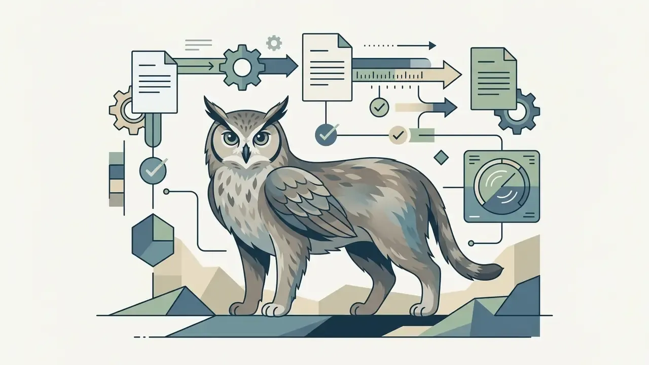 Hybrid owl cat creature standing amidst technical icons representing data processing and document workflow