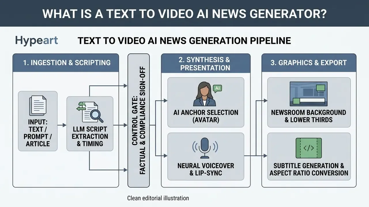 Flowchart displaying the three stages of a text to video AI news generation pipeline with a control gate