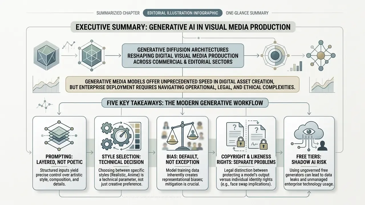 Flowchart outlining key considerations for generative AI in digital media production workflows