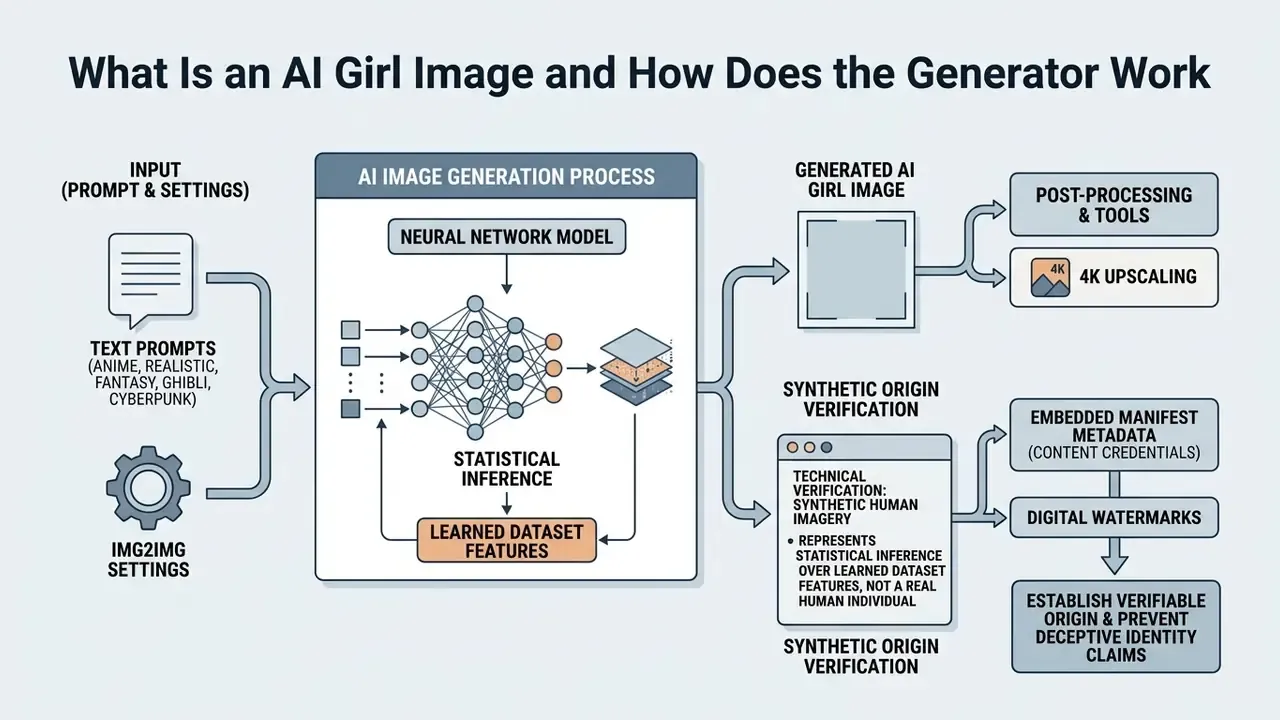 Flowchart showing how text prompts and neural networks generate an AI girl image with metadata