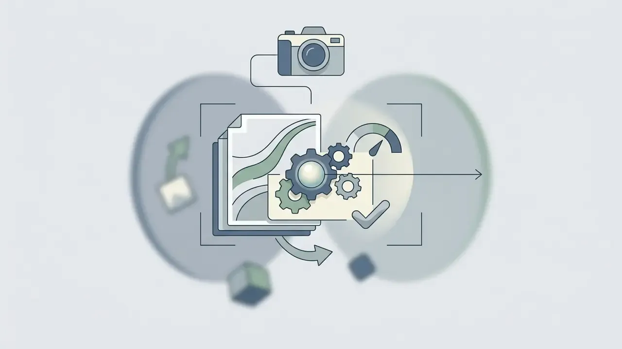 Camera icon connected to a gear system processing document data and performance metrics into an image