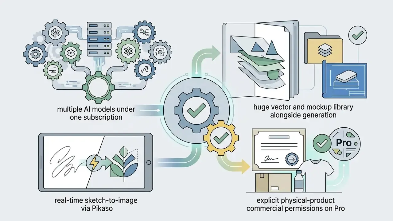 Central gear mechanism connecting AI models, design libraries, sketch tools, and commercial permissions