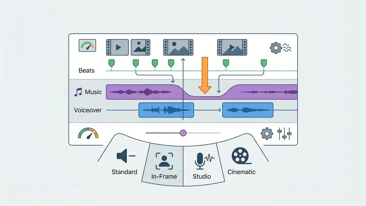 Audio mixing interface showing music track ducking beneath voiceover clips with mode selection options