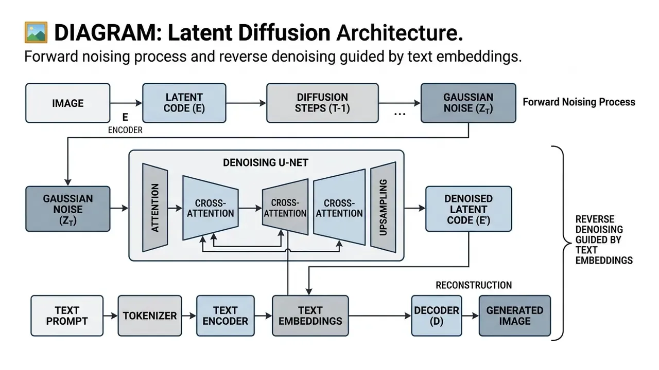 Flowchart showing the latent diffusion process from forward noise to reverse denoising for AI digital art