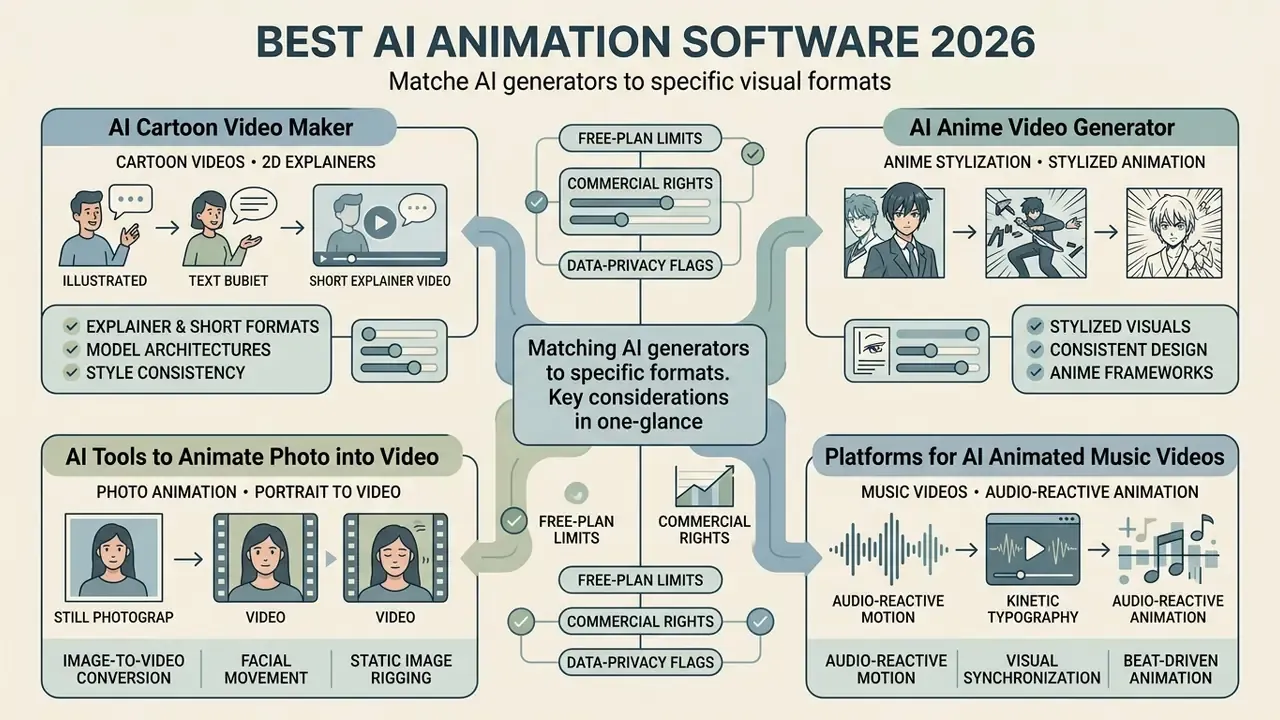 Infographic mapping AI animation software categories to specific visual formats and production workflows