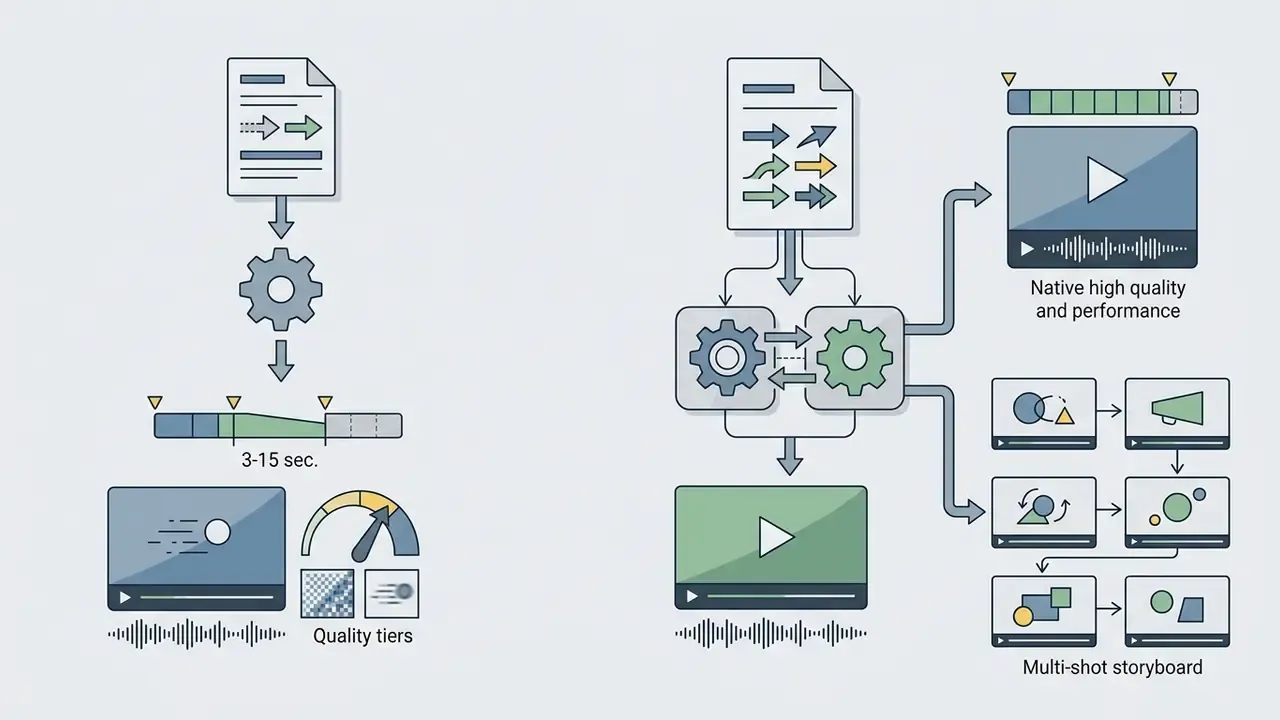 Side-by-side workflows showing single-pass video generation versus multi-shot storyboard processing