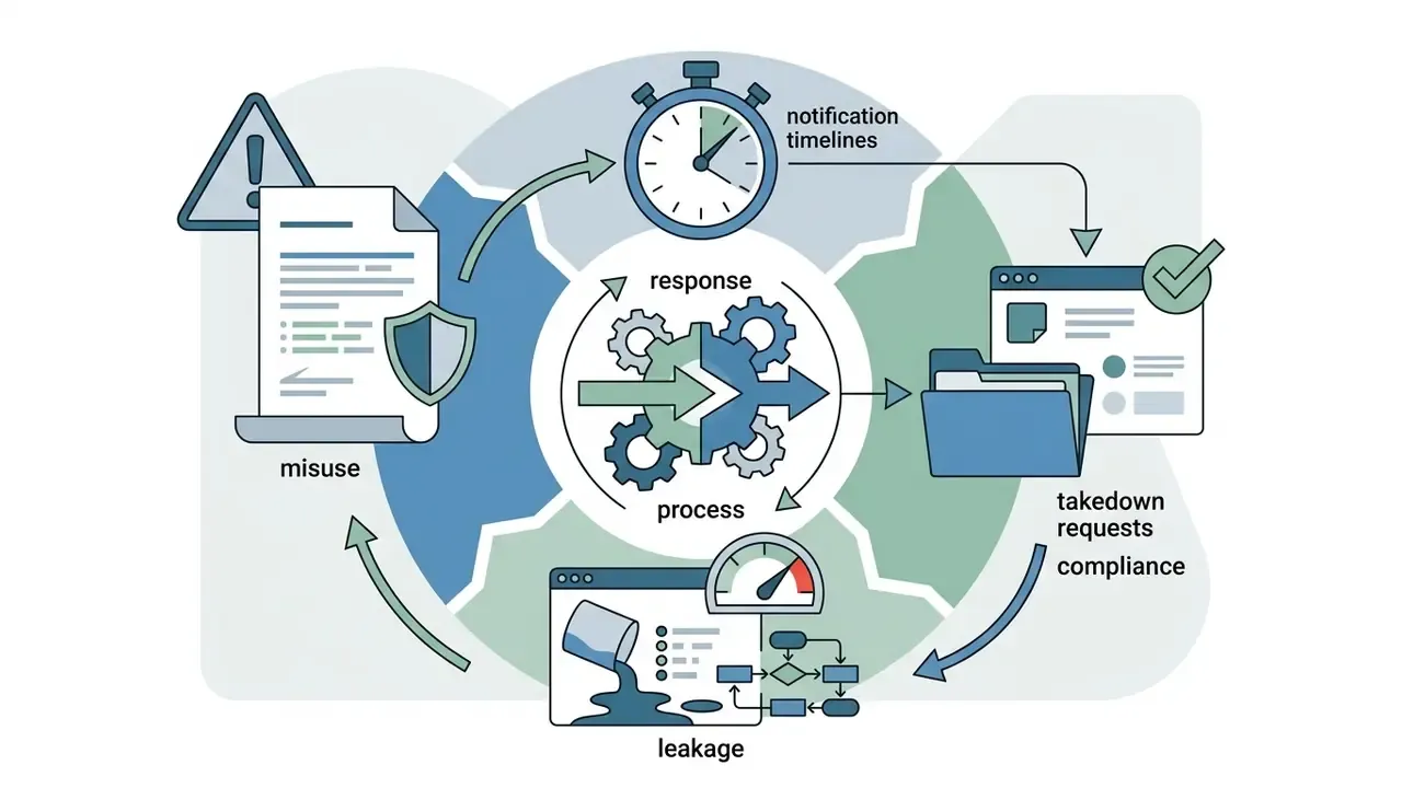 Cycle of icons showing document misuse, notification timers, takedown requests, and leakage monitoring