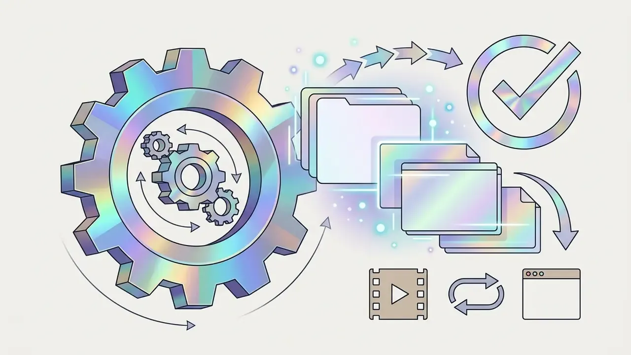 Holographic gear icon connected to file folders, a checkmark, and media processing symbols
