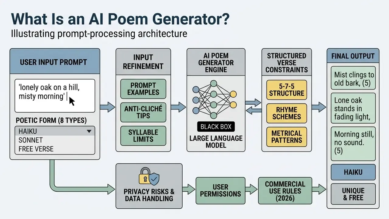 Flowchart showing how user prompts are refined and processed by an AI poem generator into structured verse