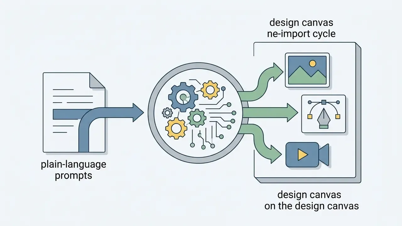 Process showing text prompts flowing into a central gear mechanism that outputs various media assets