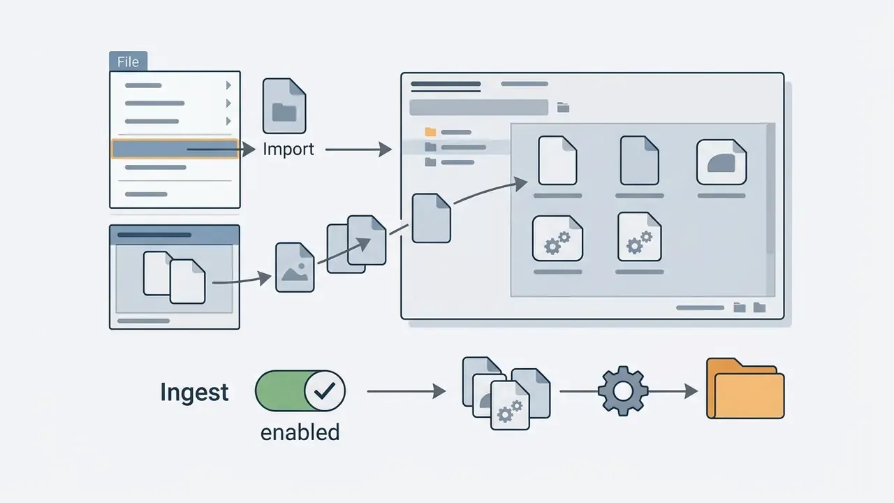 Menu options and file windows importing assets into a project bin with an ingest toggle process