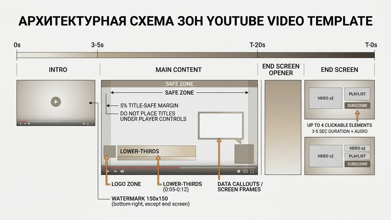 Временная шкала с разбивкой видео на интро, основной контент и конечную заставку с указанием зон элементов