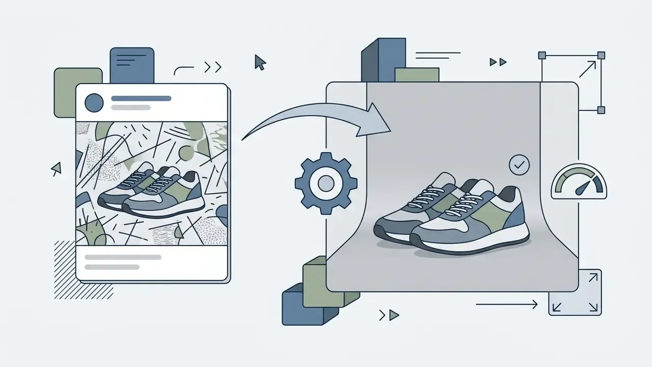 A pair of sneakers moving from a cluttered social media post to a clean studio backdrop