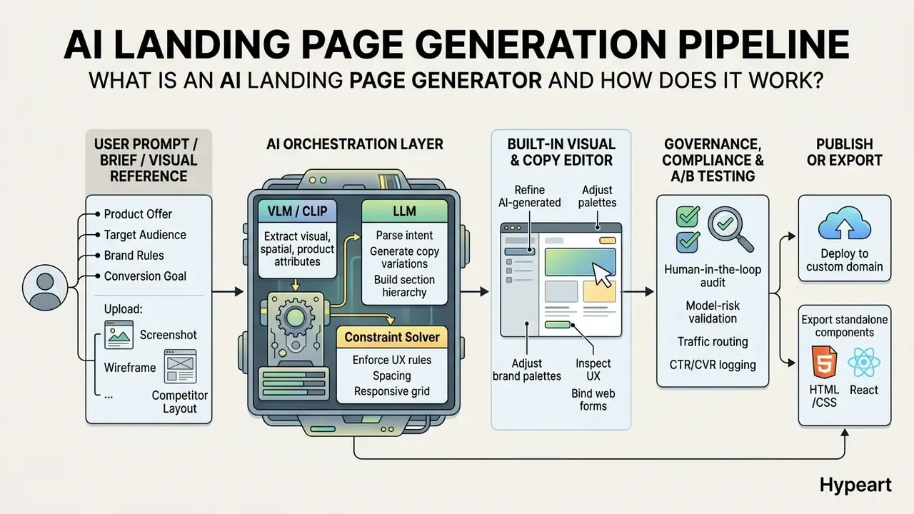Diagram showing the multi-stage technical workflow of an AI landing page generator