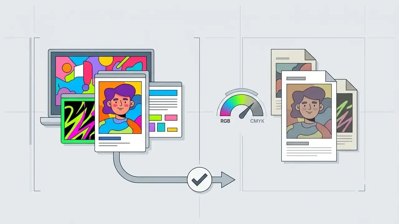 Digital artwork transitioning from vibrant RGB screen display to muted CMYK print document format