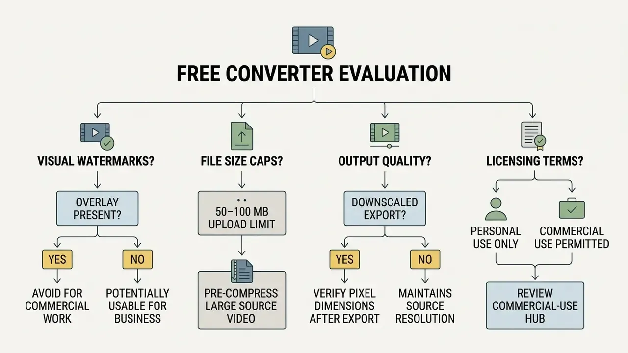 Decision tree outlining criteria for evaluating free video conversion tools including watermarks and limits