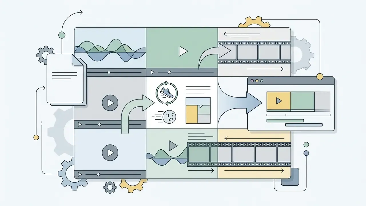 Grid layout showing animated GIFs and video clips merging into a single media timeline interface