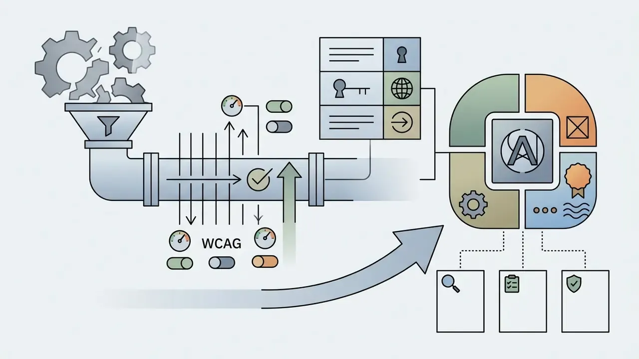 Gears and documents moving through a pipe with compliance gauges toward a segmented processing hub