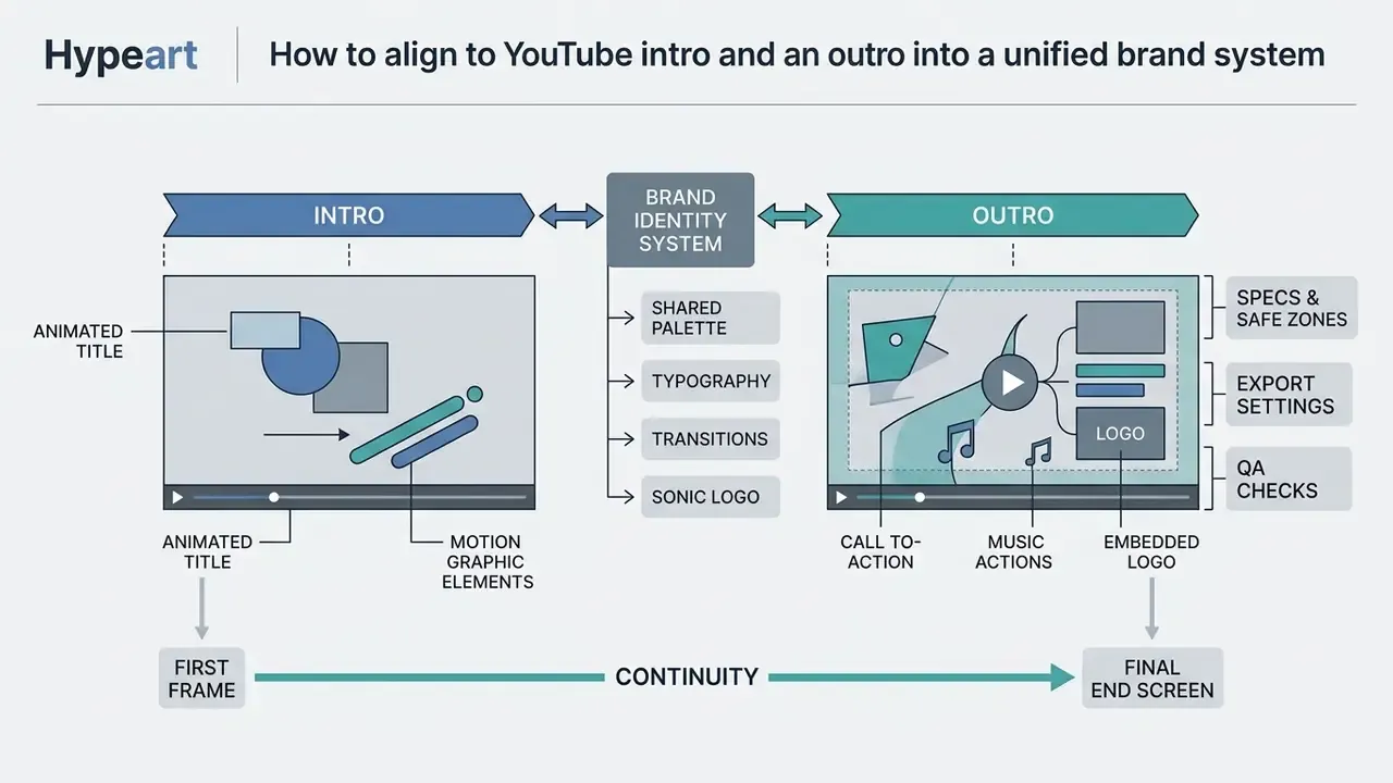 Visual flow linking intro and outro design elements through a central brand identity system