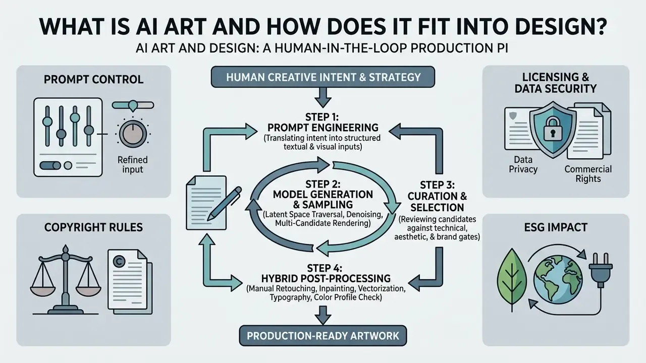 Diagram detailing a four-step AI art production cycle surrounded by control, legal, and impact considerations