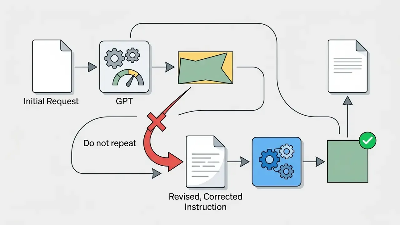 Process diagram showing how to replace failed prompts with revised instructions to achieve success