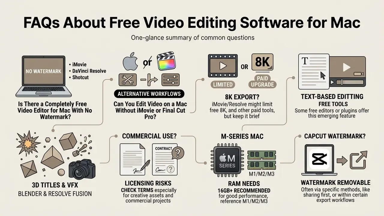 Summary of common questions regarding free video editing software for Mac using icons and labels