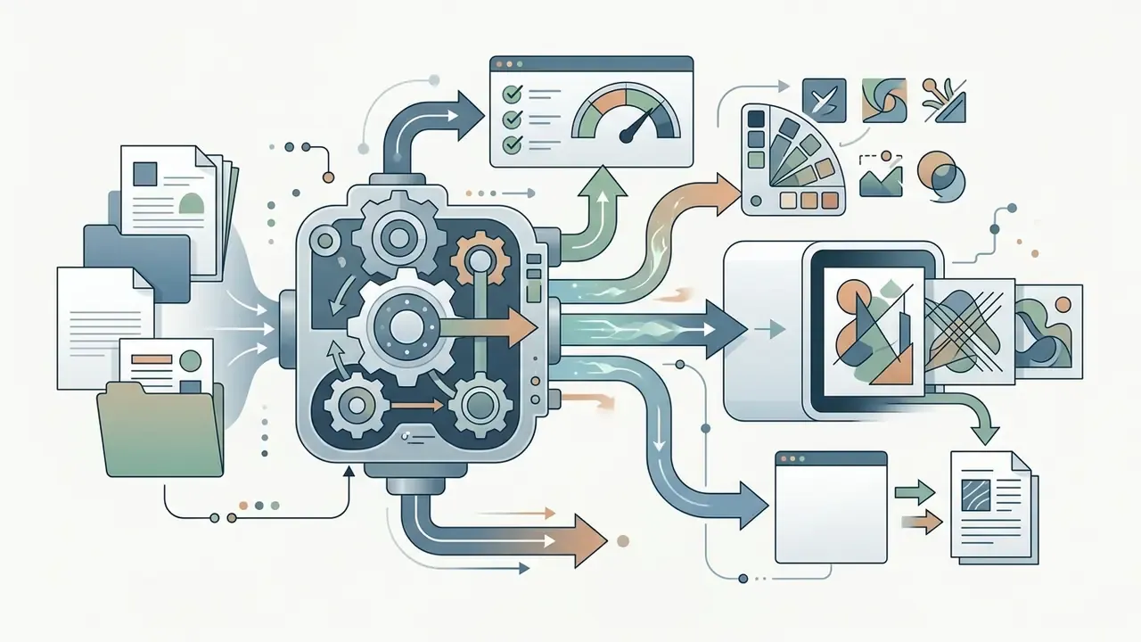 Central gear mechanism processing documents into stylized graphic assets and digital outputs