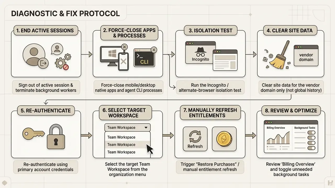 Numbered flowchart detailing eight technical steps to resolve issues when AI credits disappeared