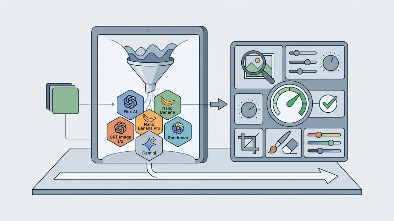 Data funnel feeding multiple generative AI models into a suite of digital photo editing tools