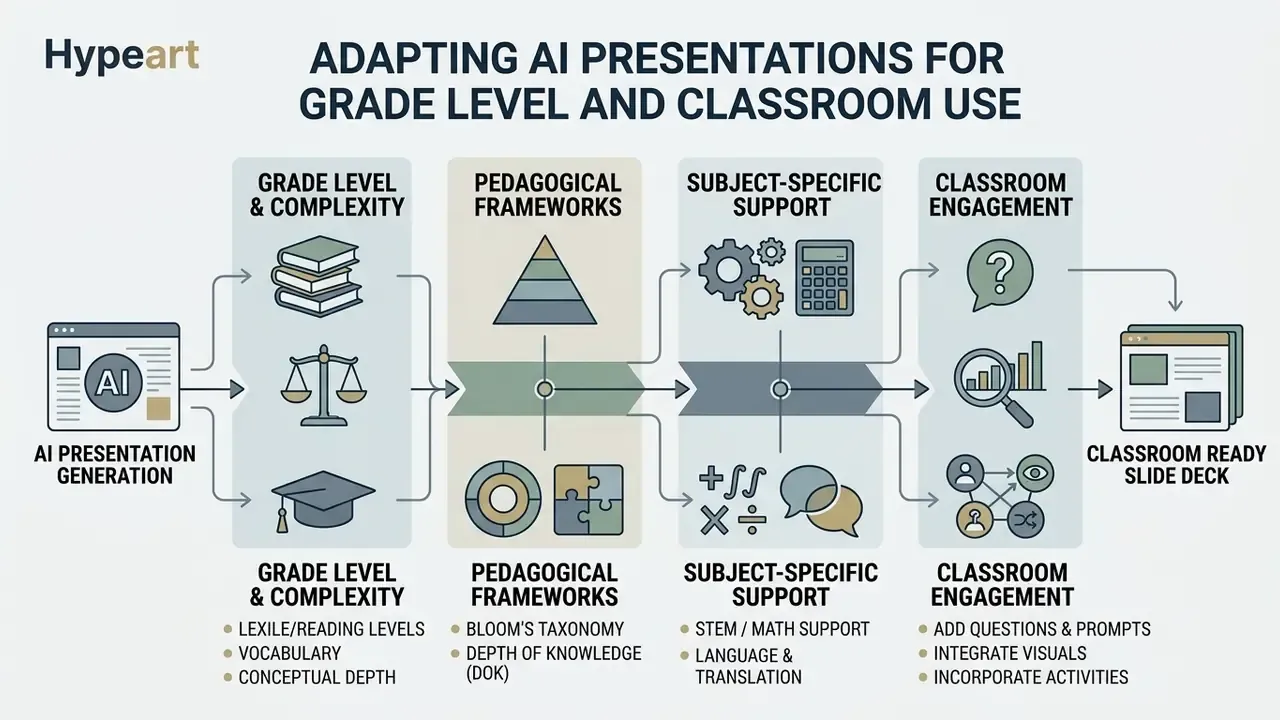 Process map detailing how an AI slide generator integrates pedagogy and subject support for classroom use