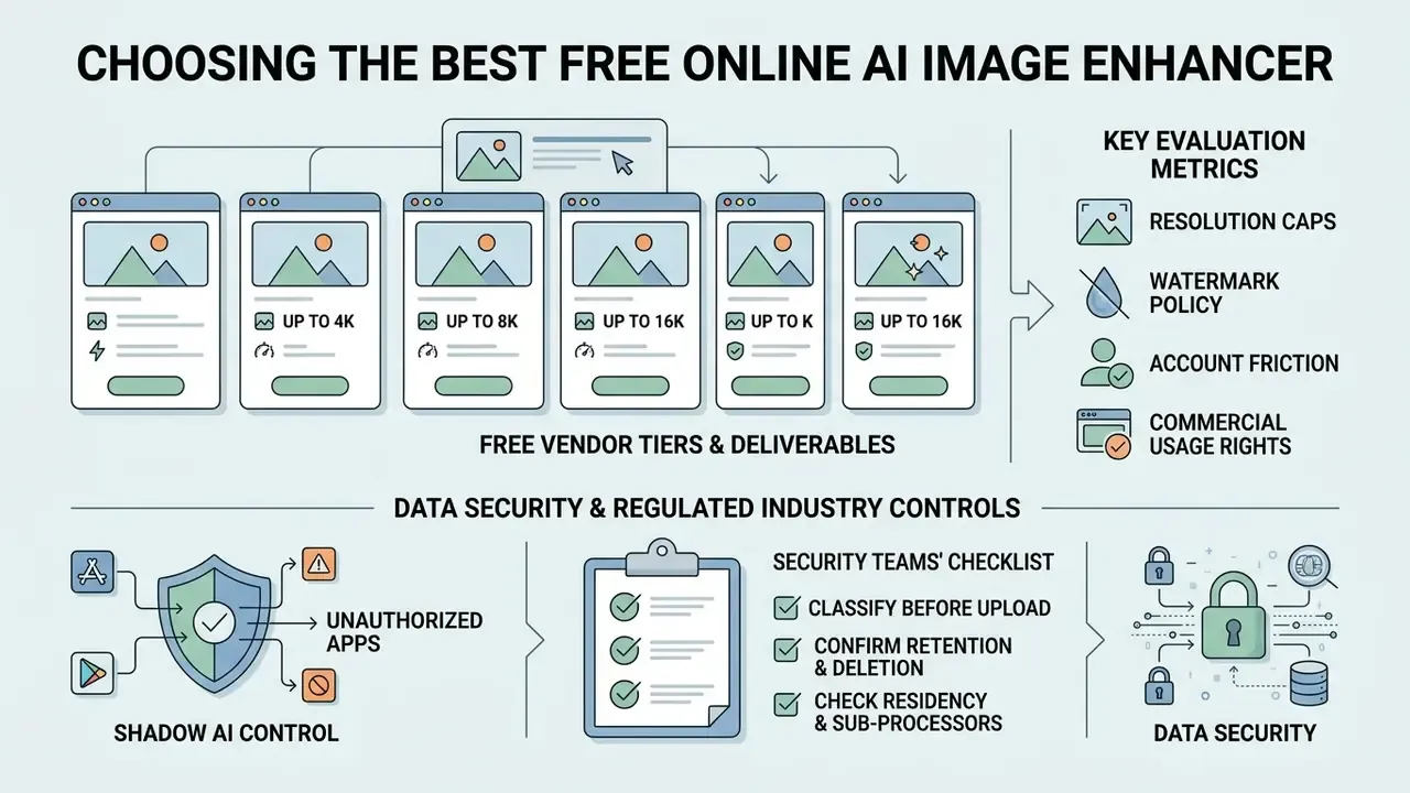 Infographic showing evaluation metrics for AI image enhancers alongside security and compliance checklists