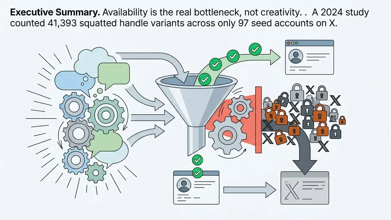 Gears and speech bubbles feeding into a funnel that separates available handles from squatted ones