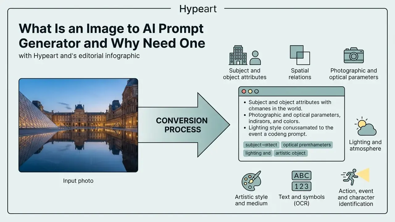 Diagram showing how an input photo is converted into structured text prompts by an AI generator