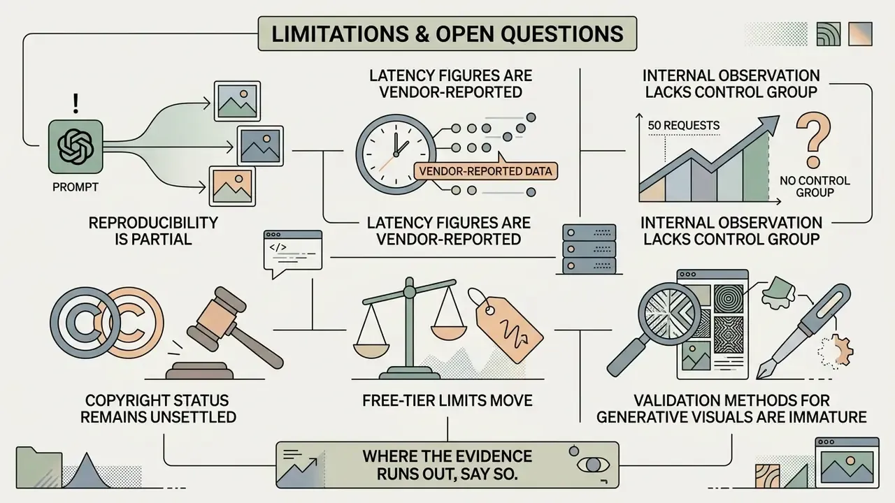 Diagram summarizing challenges like partial reproducibility, latency, copyright, and validation of AI images