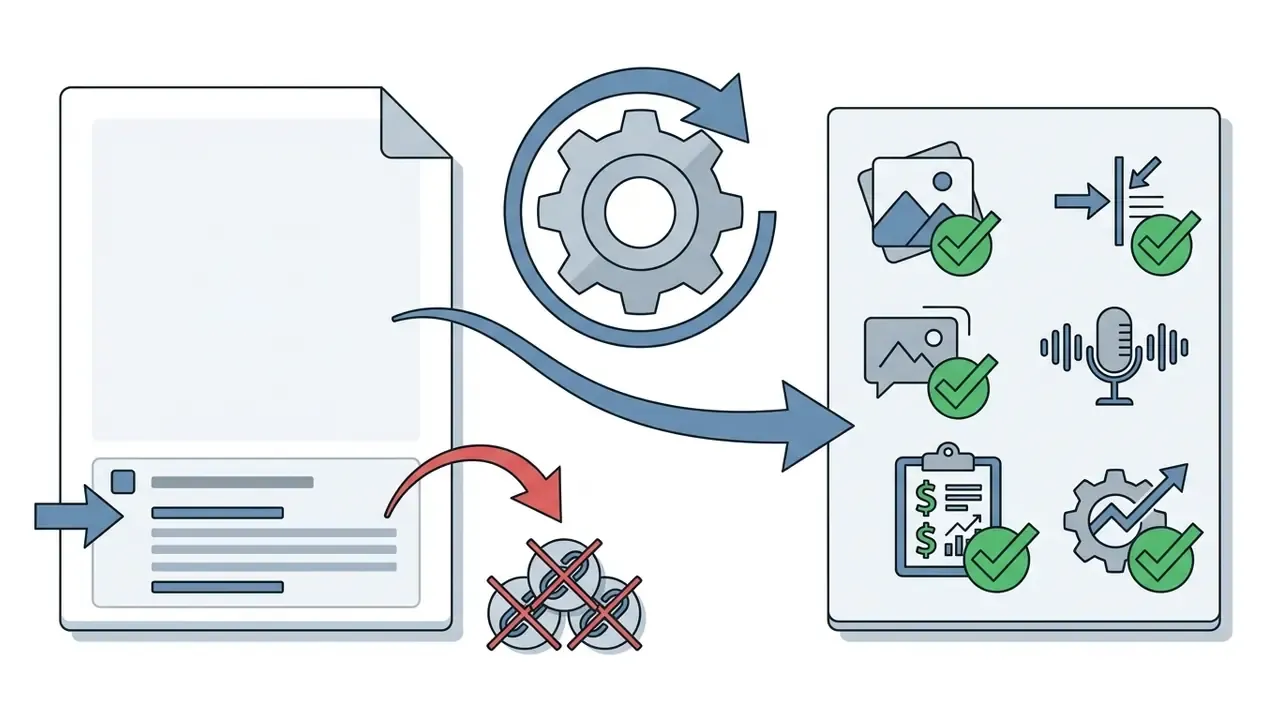 Document icons and a gear processing media files to filter out rejected items into a validated list