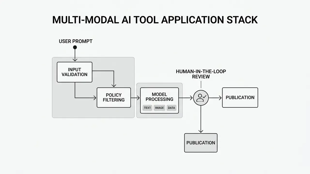 Flowchart showing user prompts moving through validation, filtering, model processing, and human review