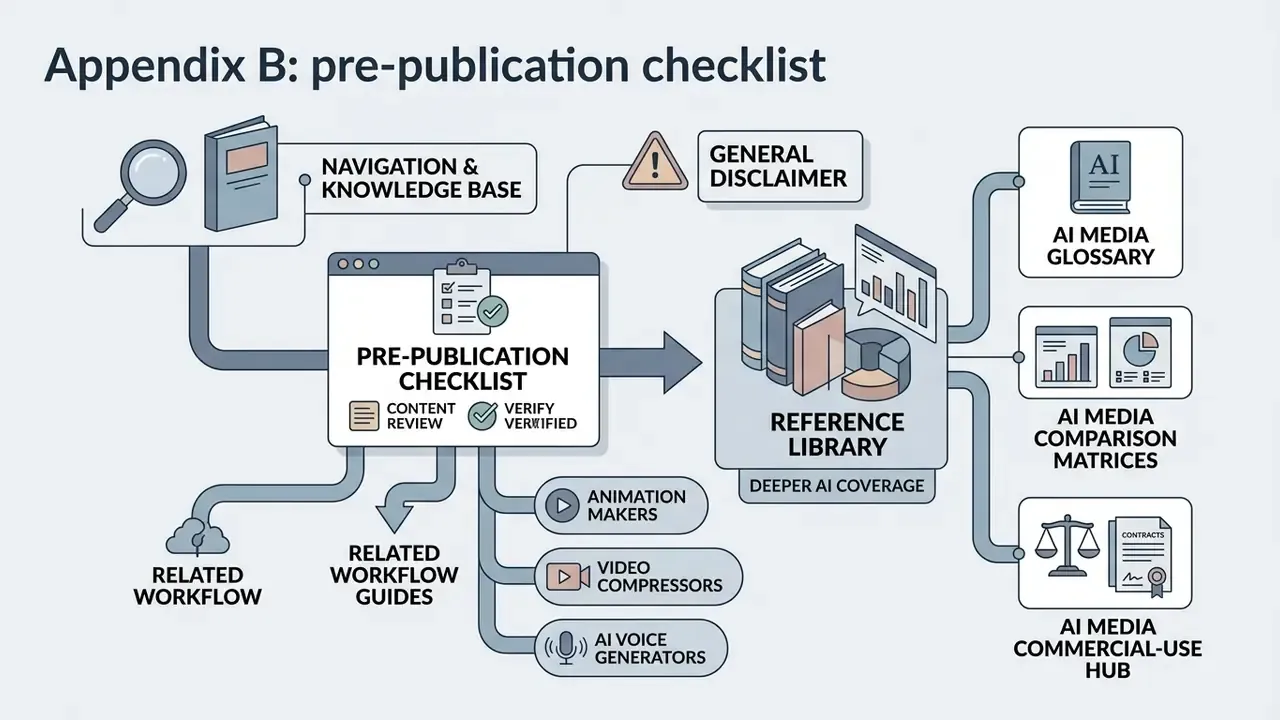 Flowchart connecting a pre-publication checklist to a reference library and related AI workflow guides