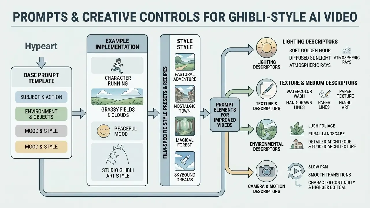 Diagram showing prompt templates, style presets, and descriptive elements for Ghibli style AI video generation